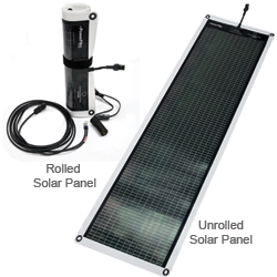 Rolled and unrolled views of powerfilm flexible solar panels